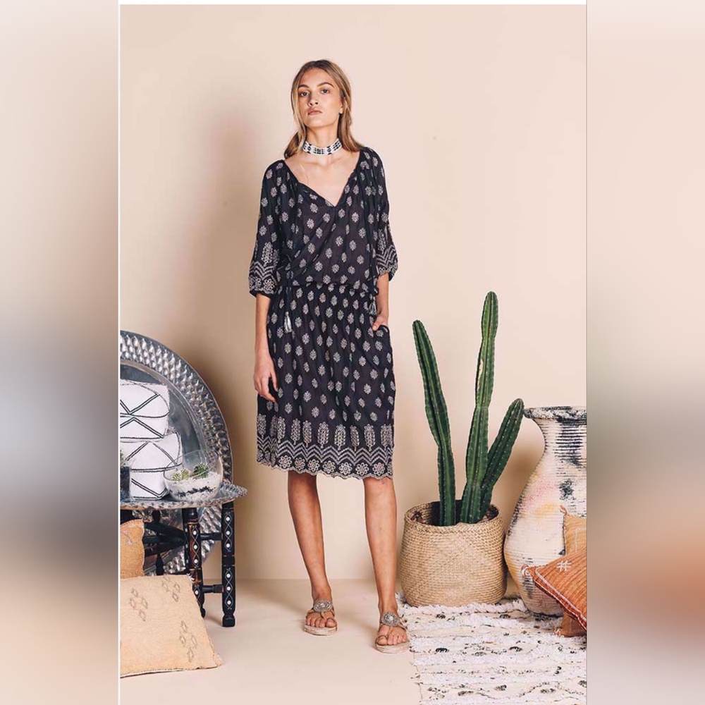 Anthro Ruby Yaya Grey Silver Tunic Dress Size S Blue Boho Paisley